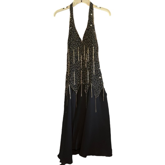 Vintage De Oscar Collection 100% Silk Beaded Fringe Halter Midi Dress Sz 8 EUC - Picture 1 of 16
